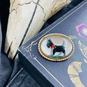Vintage 1930s WRF Scottish Terrier Brooch 12k GF with Reverse Itaglio Crystal